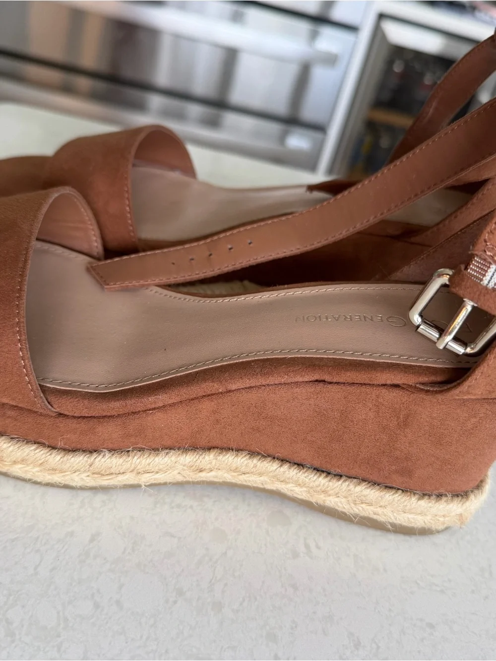 BCBGMaxAzria Tan Suede Ankle-Strap Espadrille Wedges